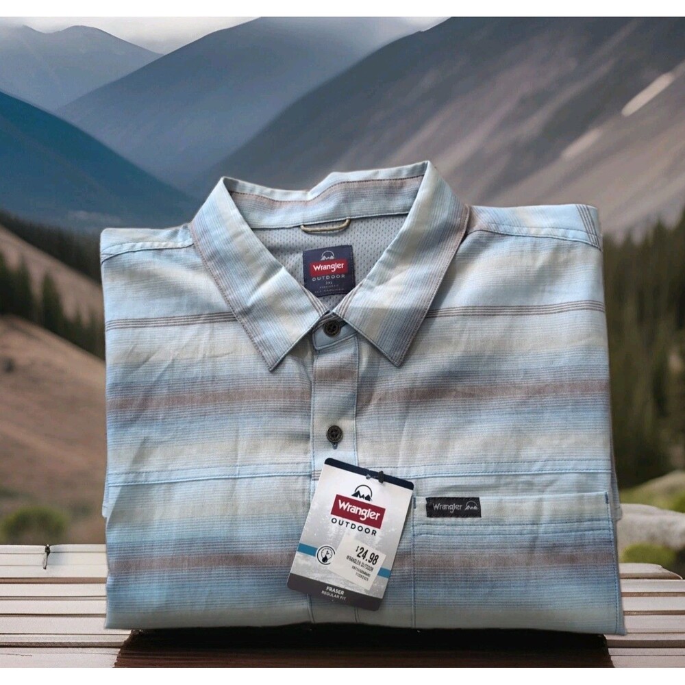 WRANGLER OUTDOOR WESTERN SHIRT MENS SIZE XXL BLUE/BROWN METAL BUTTONS NWT